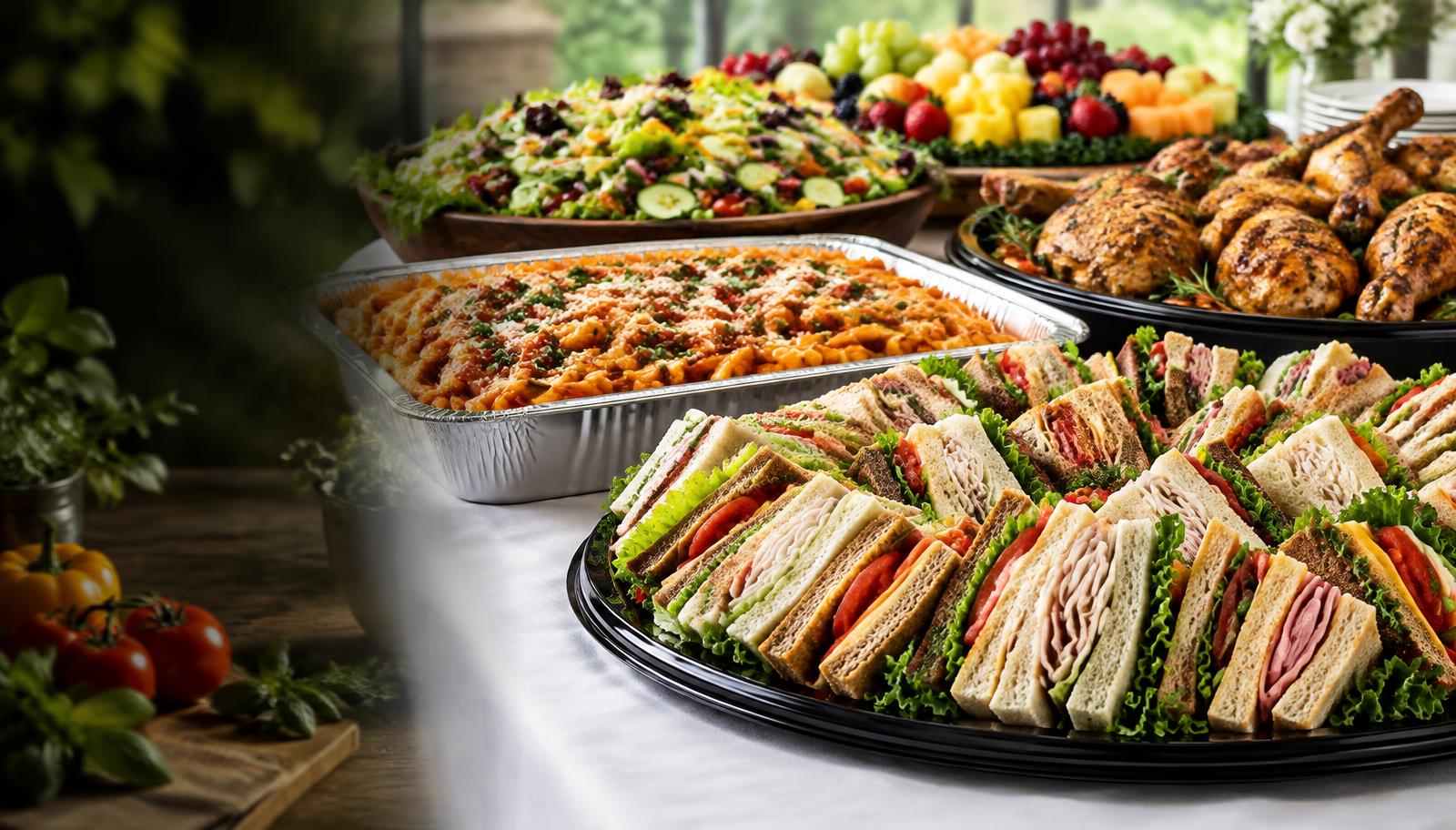 Fresh sandwich platters, pasta, salads and roasted chicken catering spread